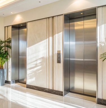 bay of 2 elevators in an elegent building lobby