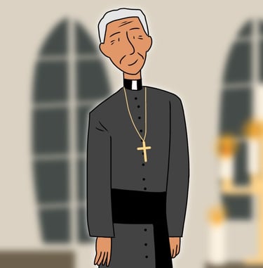 a cartoonish priest with a cross - eyed face. By Diane Mulolo Faida