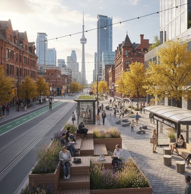 Urban public realm architecture study exploring mobility corridors and civic spaces in Toronto