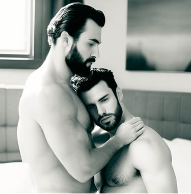 a man and man embracing in a bedroom