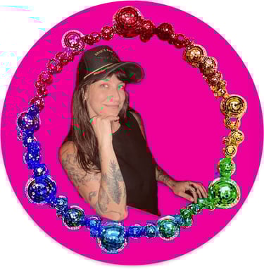 woman photoshopped into a circle of rainbow disco balls on pink background