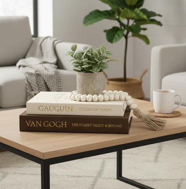 Luxury decorative books styled on a modern coffee table with neutral living room decor