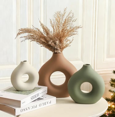 Modern ceramic vase set of 3 decorative hollow vases for living room coffee table and minimalist home decor.