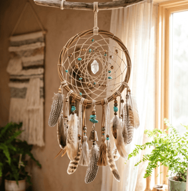 Atrapasueños de estilo boho hecho a mano, con un cristal, plumas y cuentas de turquesa
