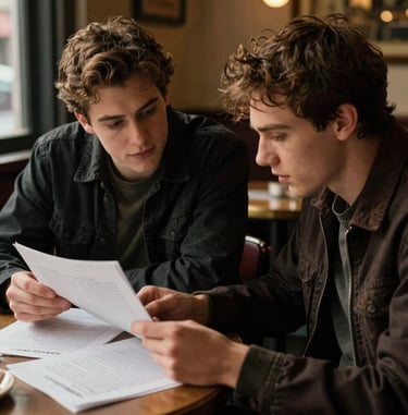 A raw, nostalgic film photo of two young men passionately debating over written pages on a table in a dimly lit Boston cafe. Deep charcoal shadows and warm gold light, capturing genuine friendship. North American / US setting.
