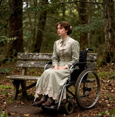 A woman in a Victorian-style dress sitting in a manual wheelchair in a forest setting.