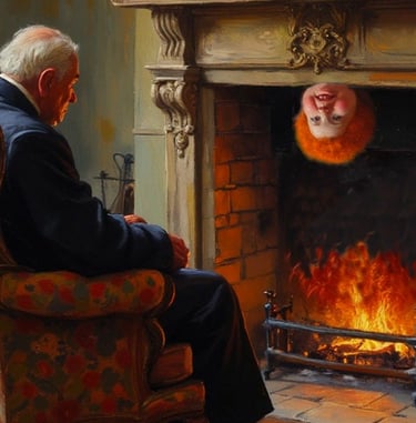Oil painting of an elderly man in an armchair looking at a surreal upside-down head in a burning fireplace.