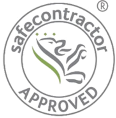 Official SafeContractor Approved accreditation logo featuring a grey lion and green leaf.