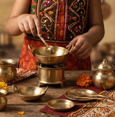 baby girl cooking in miniature brass toys