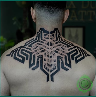 Geometric maze pattern tattoo done by MaxDuong Tattoo in Da Nang