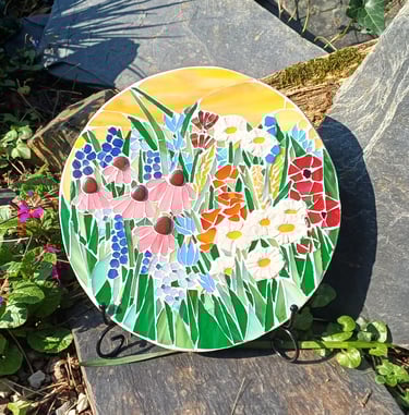 Plaque funéraire en mosaique fleurs, coucher de soleil, personnalisé Sepulture49, MOSAISTE FUNERAIRE