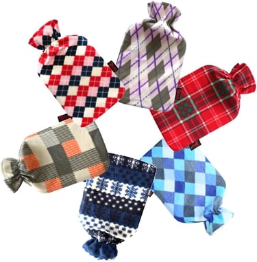 Six hot water bottles with soft fleece covers in various plaid, argyle, and snowflake patterns.