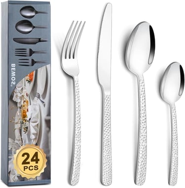 a set of four forks and spoons with a fork and knife