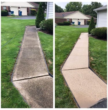 Before and after image of pressure washing a sidewalk