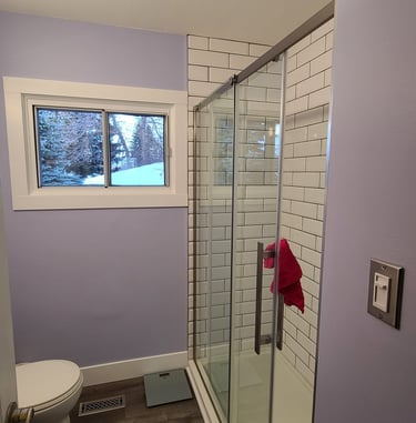 bathroom renovation finished image new paint job shower tiles and shower pan and glass shower door i