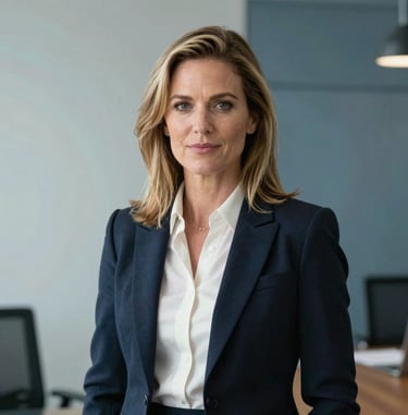 Professional editorial portrait of Emma Carter, Editor-in-Chief, in a modern North American / US news office. Dressed in sharp business formal attire against a soft light gray and steel blue wall background. Natural soft lighting, authoritative posture, medium close-up portrait photography.