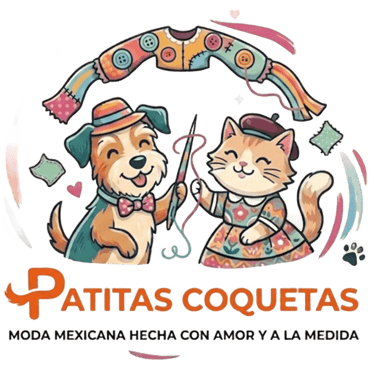 Logotipo de «Patitas Coquetas» que muestra a un perro y un gato de estilo caricatura cosiendo moda