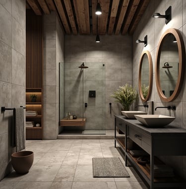 Banheiro sofisticado com duas cubas de apoio, espelhos redondos e revestimentos naturais em projeto