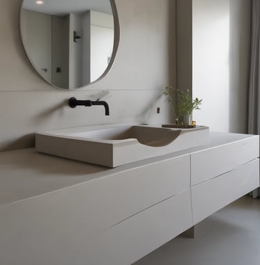 Bancada suspensa minimalista com cuba integrada e torneira preta embutida na parede em banheiro