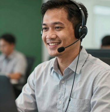 A friendly Southeast Asian / Indonesian support representative wearing a professional headset in a bright, modern office, blurred background with deep forest green accents, soft natural lighting, photography.