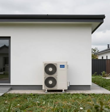 An outdoor air source heat pump unit installed on a white wall of a modern residential home.