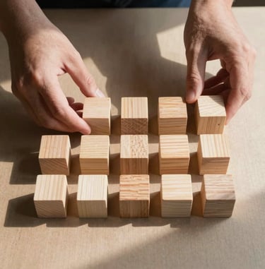 A close-up of hands arranging minimalist wooden blocks in a clean grid layout on a warm textured paper surface, soft morning shadows stretching across the frame, high-contrast and architectural.