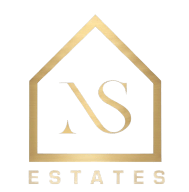 Luxury NS Estates real estate logo with gold monogram inside a house frame on a black background.