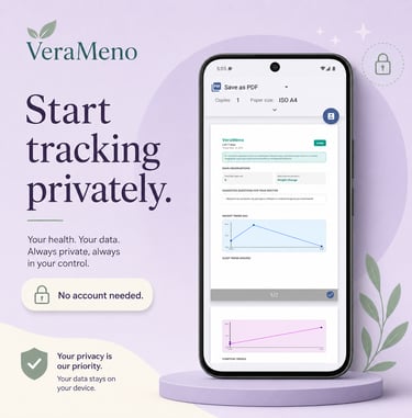 Smartphone displaying a VeraMeno menopause health report with private tracking and data security features.