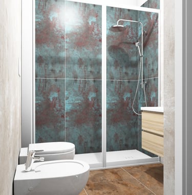 Modern bathroom featuring blue and rust porcelain shower tiles with a walk-in glass enclosure.