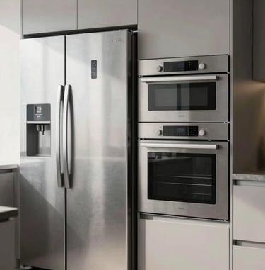 A clean modern kitchen with a premium built-in refrigerator and oven, stainless steel surfaces, soft natural light