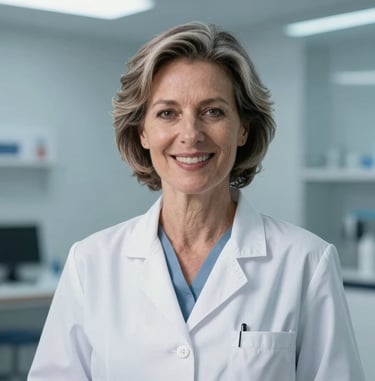 Professional studio headshot of a mature French medical doctor in a modern clinic environment. She is smiling warmly, wearing a crisp white lab coat, clean background with soft blue lighting. High-end editorial photography style, conveying trust and clinical authority.
