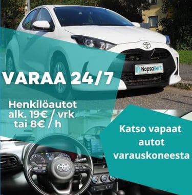 Henkilöautot alkaen 8€/h, 19€/pv Helppo varaus ja avaimeton käyttö puhelimella.