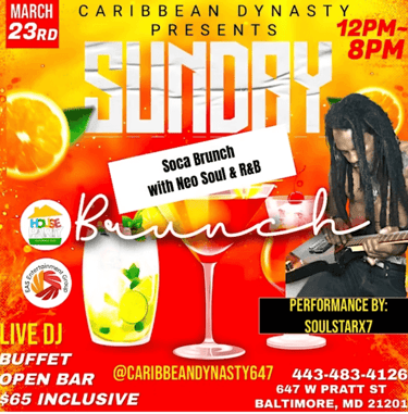 Caribbean Dynasty Soca Brunch flyer featuring a live guitarist, tropical cocktails, and event details for Baltimore.
