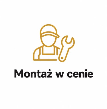 Ikona montera z kluczem i napisem Montaż w cenie informująca o profesjonalnej usłudze instalacji.