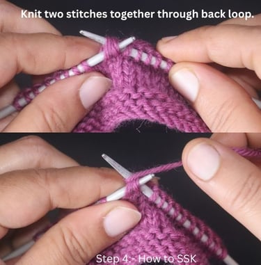 Hands knitting two stitches together through the back loop for the SSK knitting method.
