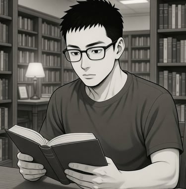 cartoon person reading a nook in library