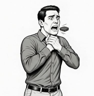 male with steak flying out of his mouth