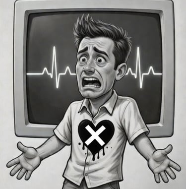 cartoon male with no pulse line and x over his heart