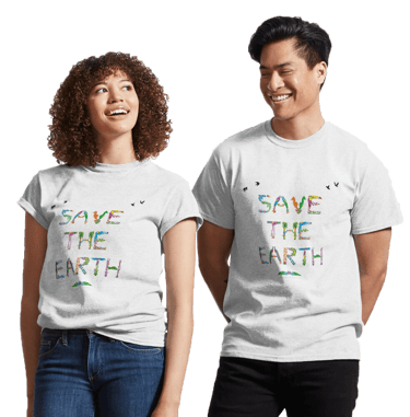 Adults wearing white tshirts with the words Save The Earth printed on in tropical exotic wordart