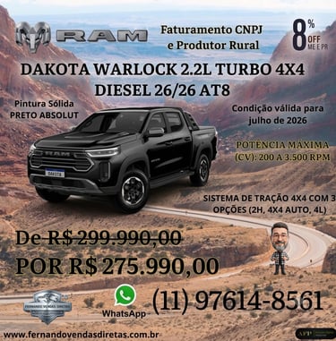 Black RAM Dakota Warlock 4x4 Diesel truck promotional offer for Brazilian rural producers.