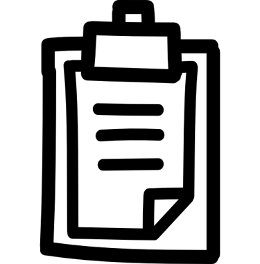 Black and white icon of a clipboard with a paper and three horizontal lines representing text.