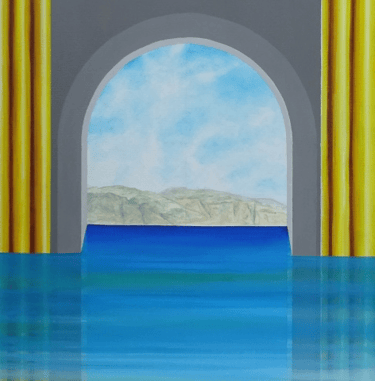 a painting of a view of a window with a view of a beach