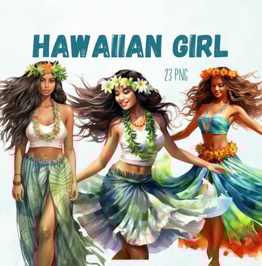 Commercial Use Tropical Hawaiian Girl Clipart Bundle