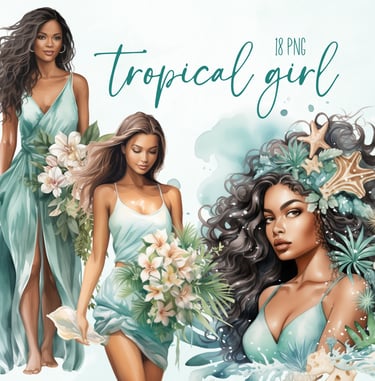 Commercial Use Tropical Girl Clipart Bundle