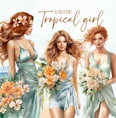 Commercial Use Tropical Ginger Girl Clipart Bundle