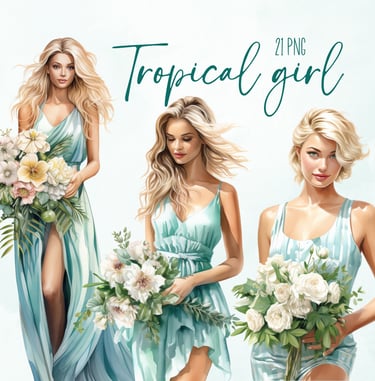 Commercial Use Tropical Blonde Girl Clipart Bundle