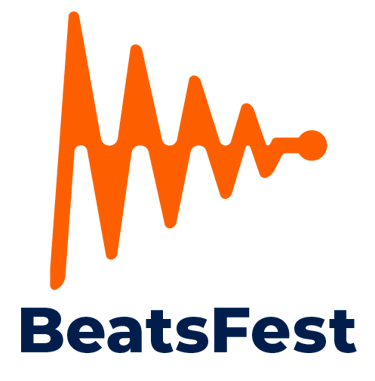BeastFest primary vertical logo - Orange sound wave with "BeatsFest" written below in navy blue text.