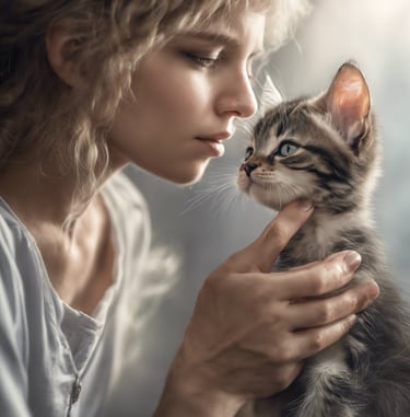 tabby cat touching person's palm