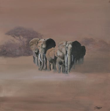 Elefantes en Botswana - Oleo 40x40cm