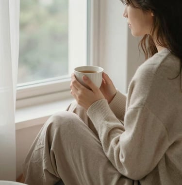 A young woman in a cozy beige sweater holding a warm cup of tea while looking out a window.